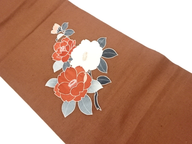 手織り紬手描き椿模様開き名古屋帯（額縁仕立て）